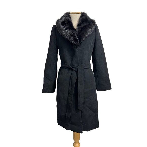Talbots Women's 6 Petite Black Wool Blend Belted Coat Faux Fur Collar - Picture 1 of 14